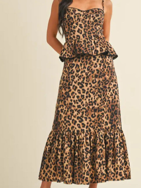 Leopard Print Peplum Bodice Ruffled Midi Dress