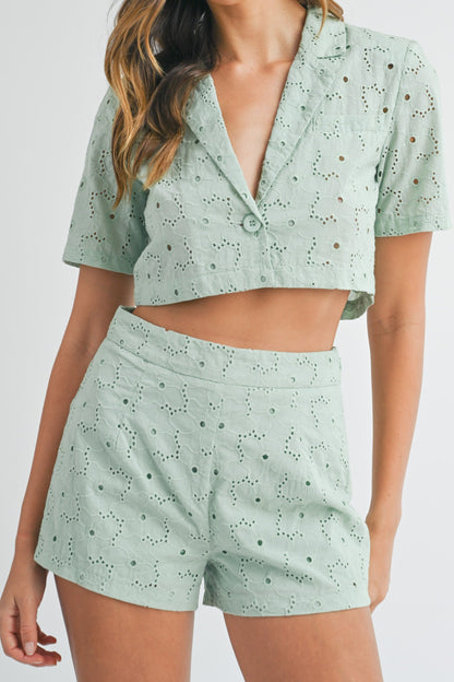 Green Eyelet Lace Jacket and Shorts Set