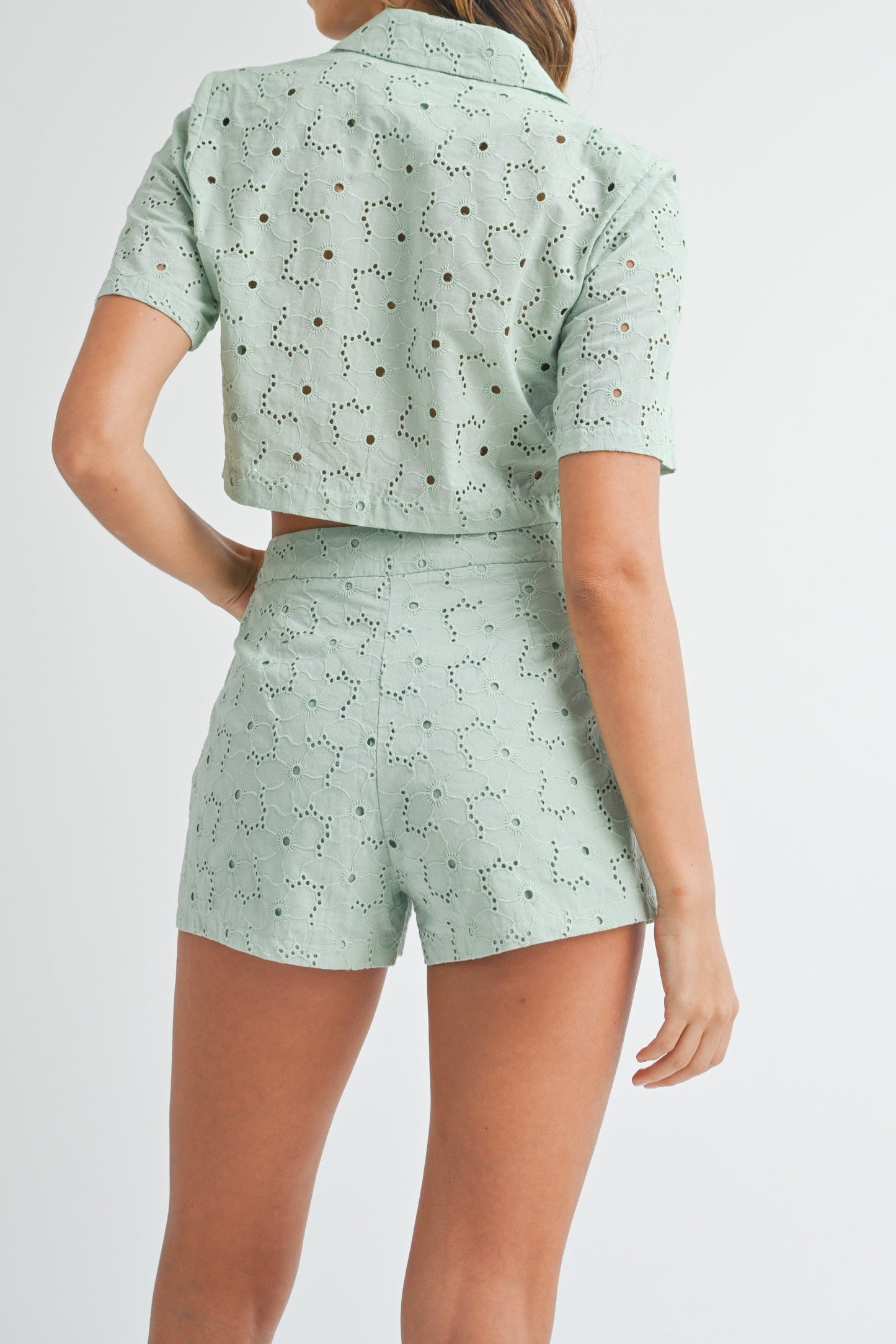 Green Eyelet Lace Jacket and Shorts Set