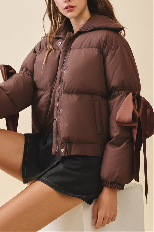 Brown Ribbon Bow Puffer Jacket
