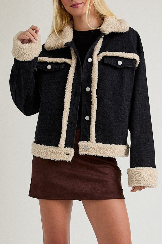 Fur Detailed Washed Black Denim Jacket