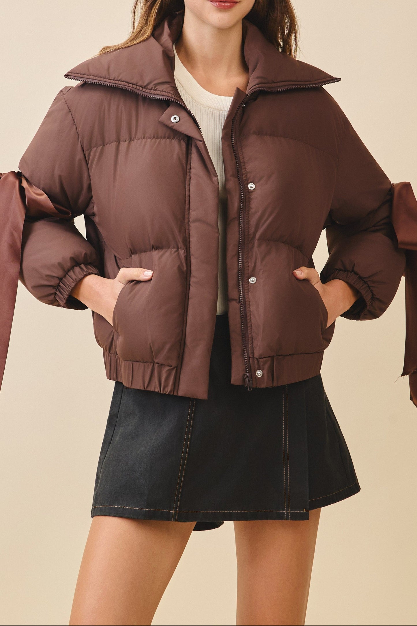 Brown Ribbon Bow Puffer Jacket