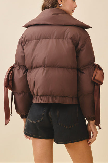 Brown Ribbon Bow Puffer Jacket